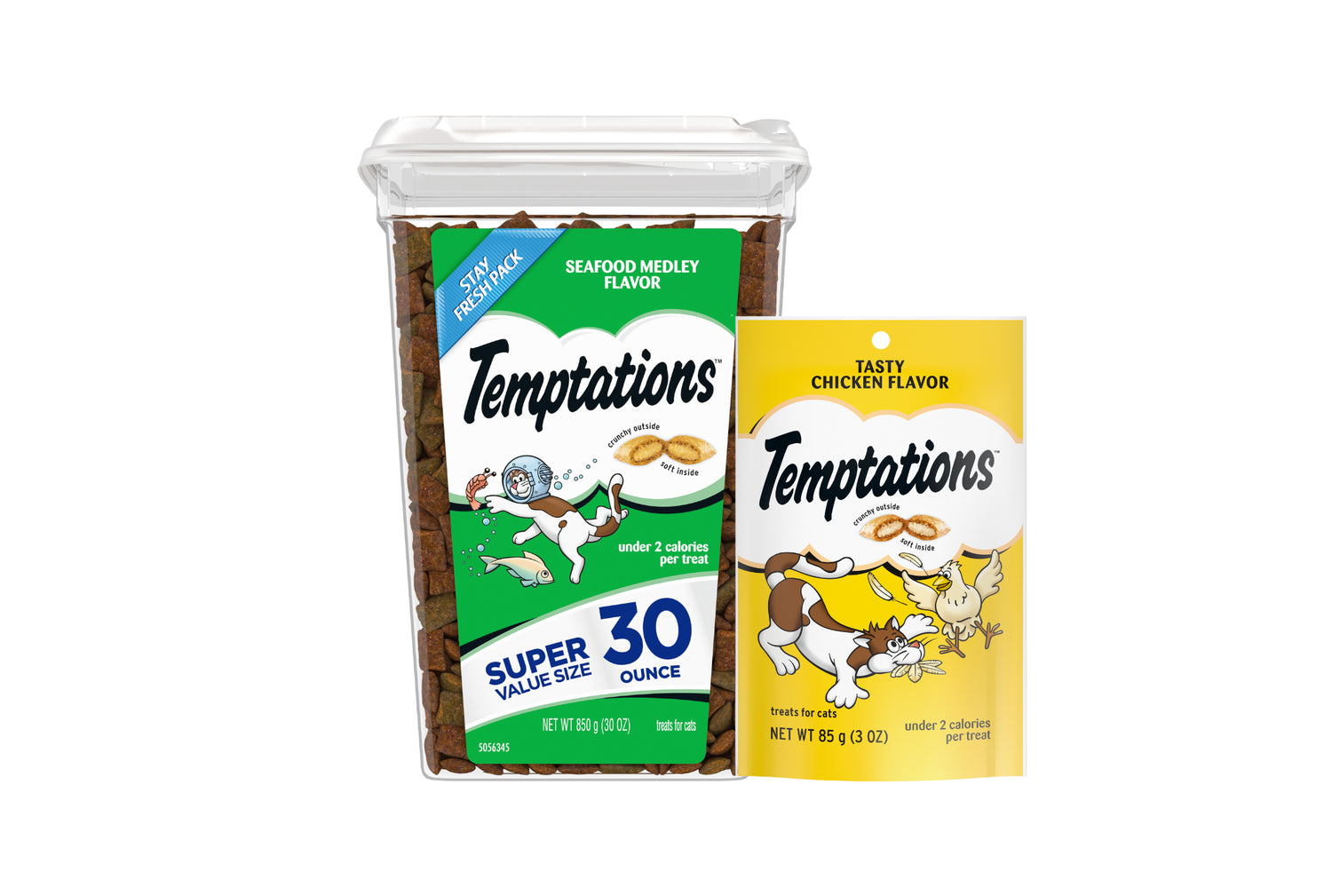 A container of cat treats next to a package of cat treats