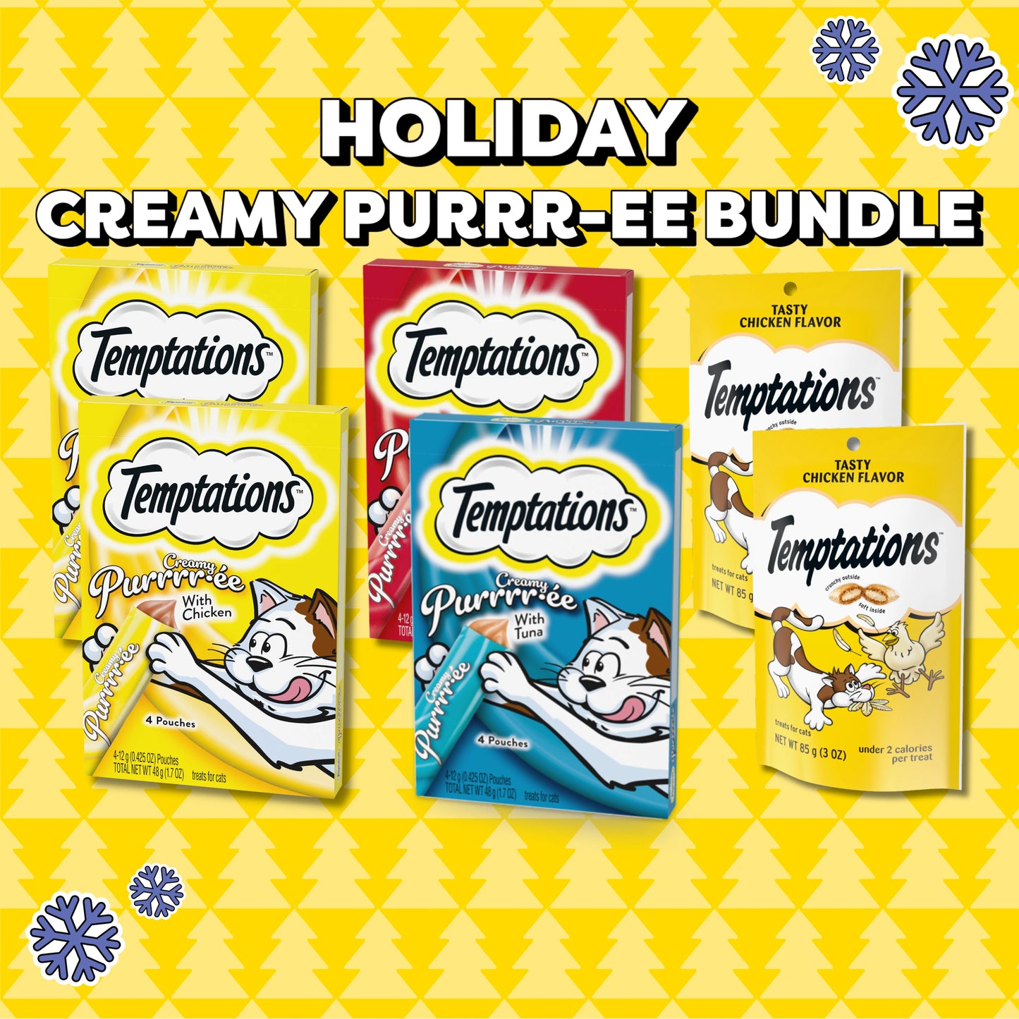 TEMPTATIONS Holiday Creamy Puree Bundle on yellow Christmas tree background