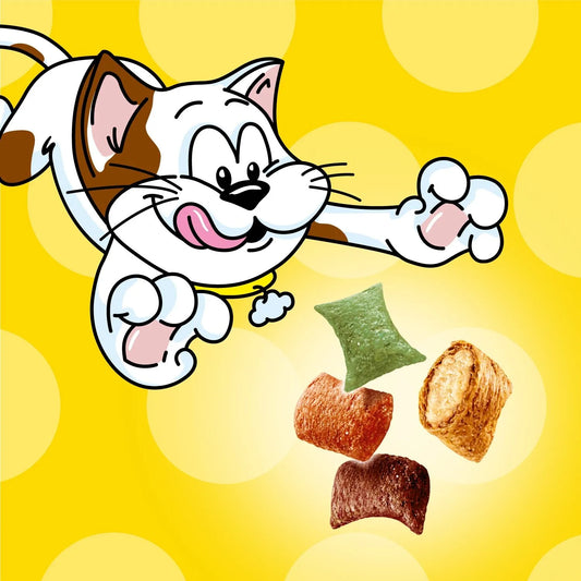 A cartoon cat chasing treats on a yellow background.