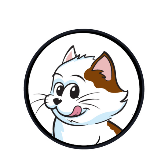 Cartoon cat with big eyes smiling on a white circle background.