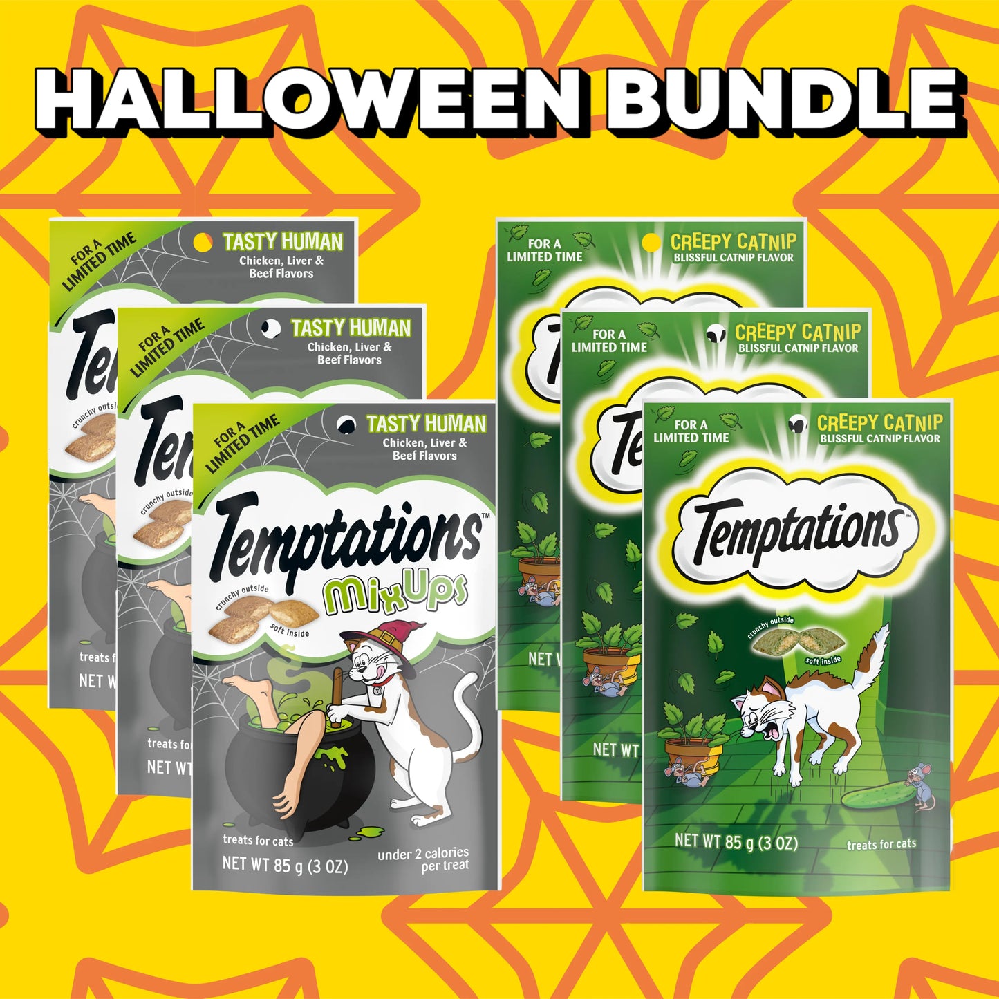 Temptations Halloween Bundle includes three packs of Tasty Human Chicken, Liver, and Beef flavors and three packs of Creepy Catnip Chicken flavor treats for cats.