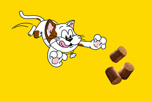 A cartoon cat chasing a pair of cat treats