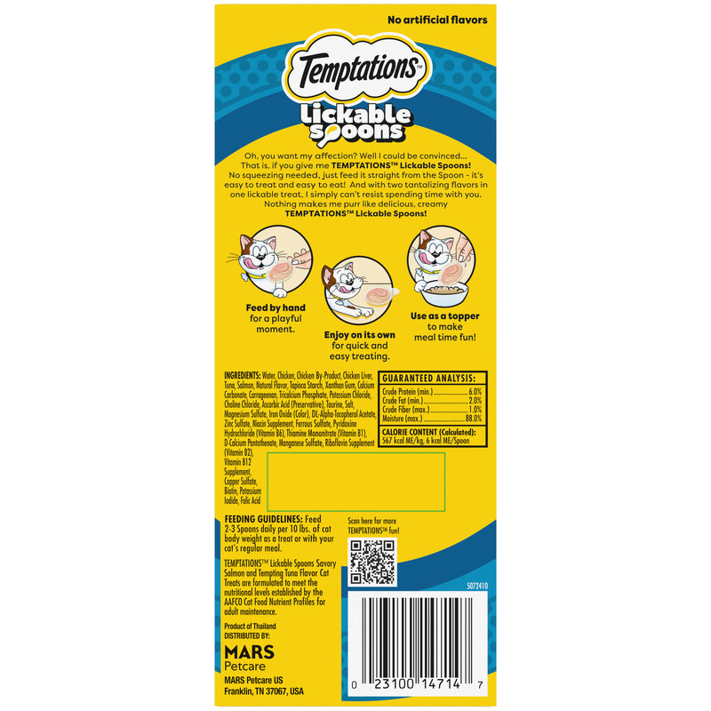 [Temptations][Temptations Lickable Spoons, Savory Salmon and Tempting Tuna Flavor, Pack of 4][Back Image]
