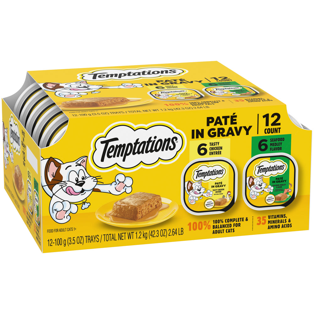 [Temptations][Temptations Wet Cat Food, Paté in Gravy Flavor Variety, 3.5 oz., Pack of 12][Image Center Left (3/4 Angle)]