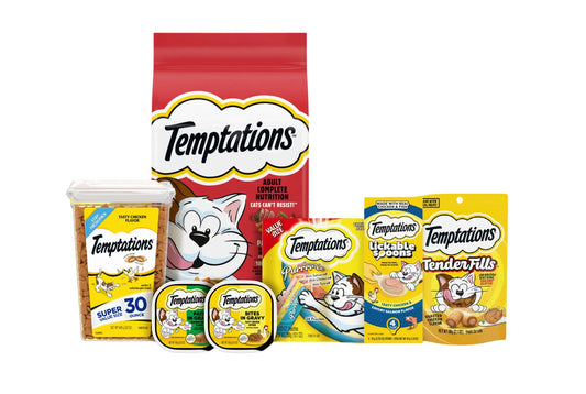 an assortment of cat food packages