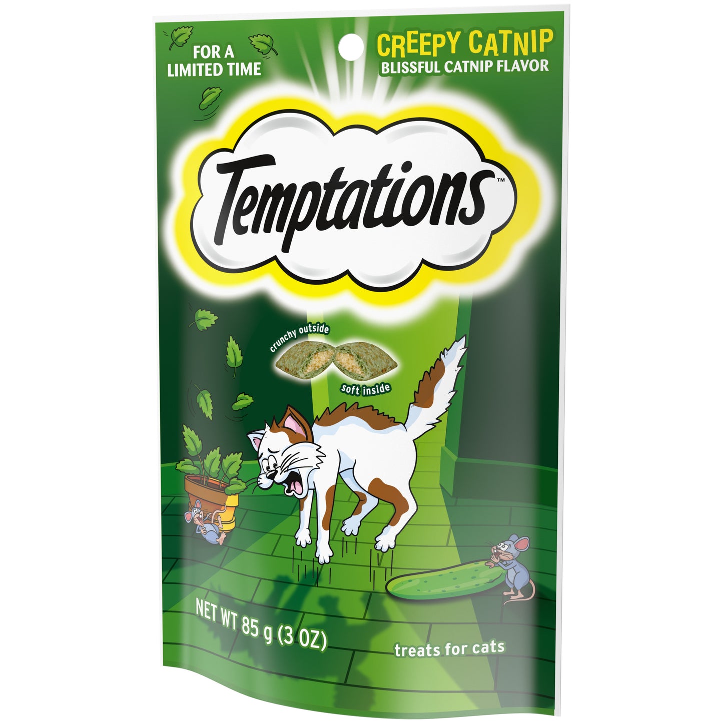 [Temptations][TEMPTATIONS Classic, Crunchy and Soft Cat Treats, Creepy Catnip Treats for Cats, Blissful Catnip Flavor, 3 oz. Pouch][Image Center Right (3/4 Angle)]