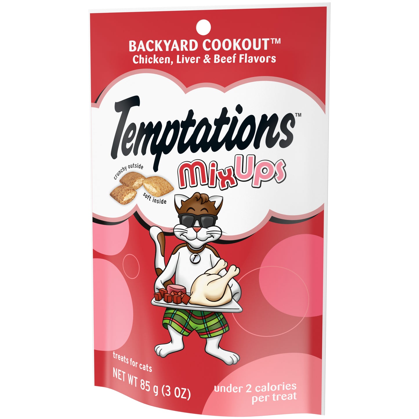 [Temptations][BUNDLE TEMPTATIONS MIXUPS Crunchy and Soft Cat Treats, Backyard Cookout Flavor, 3 oz. Pouch][Image Center Right (3/4 Angle)]