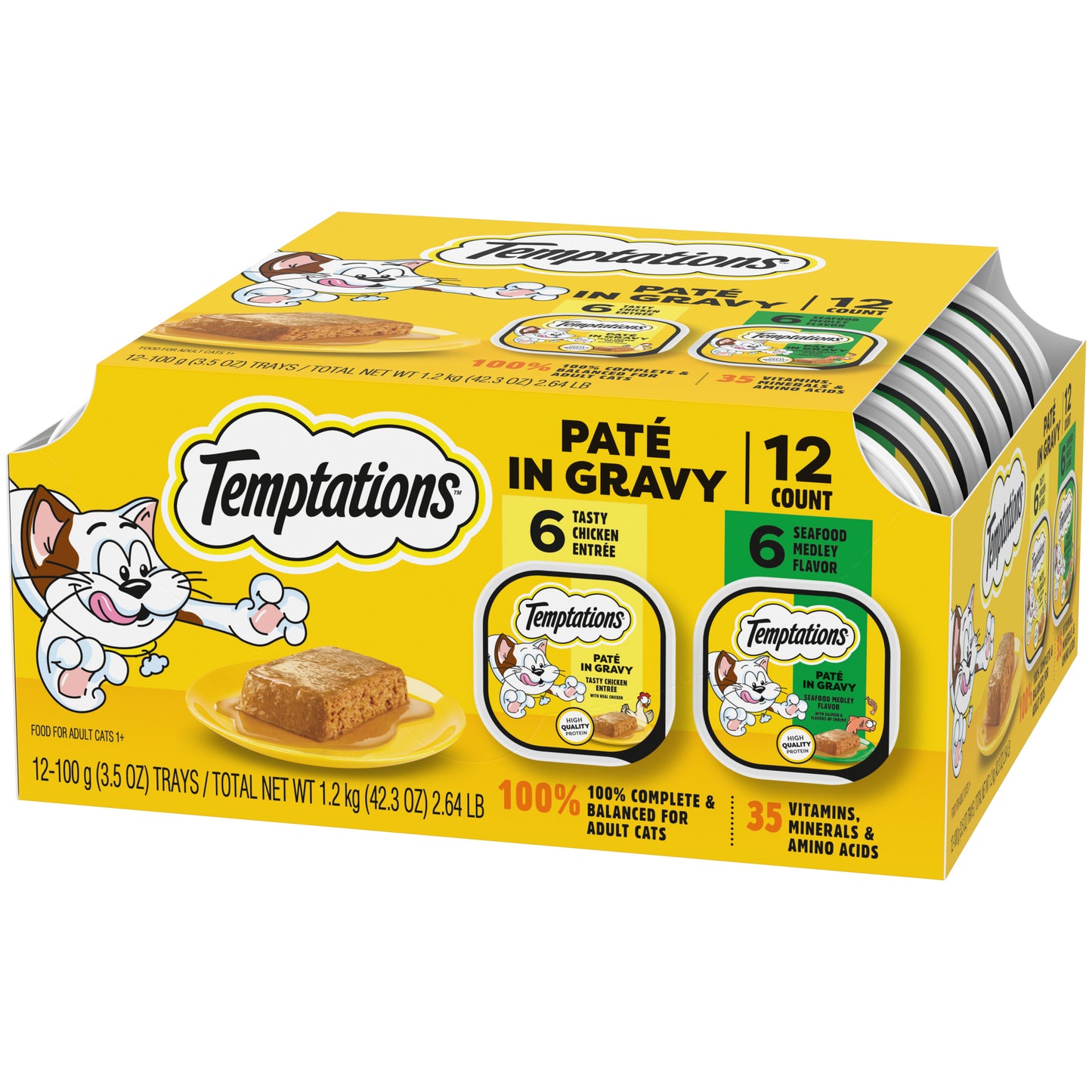[Temptations][Temptations Wet Cat Food, Paté in Gravy Flavor Variety, 3.5 oz., Pack of 12][Image Center Right (3/4 Angle)]