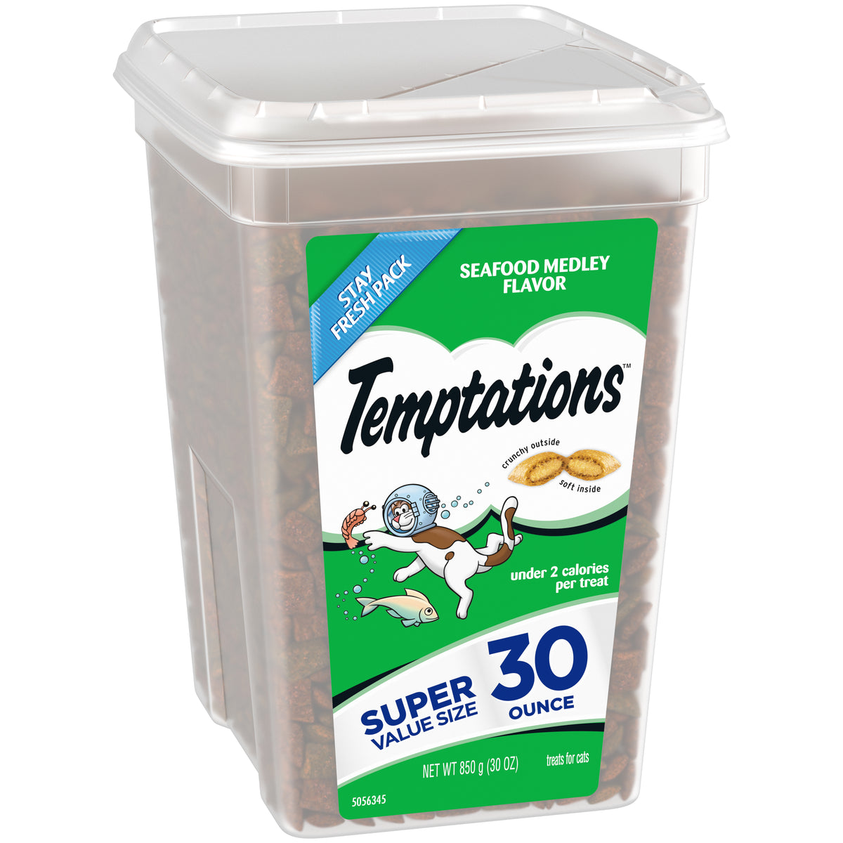 [Temptations][TEMPTATIONS Classic Cat Treats, Seafood Medley Flavor, 30 oz. Tub][Image Center Left (3/4 Angle)]