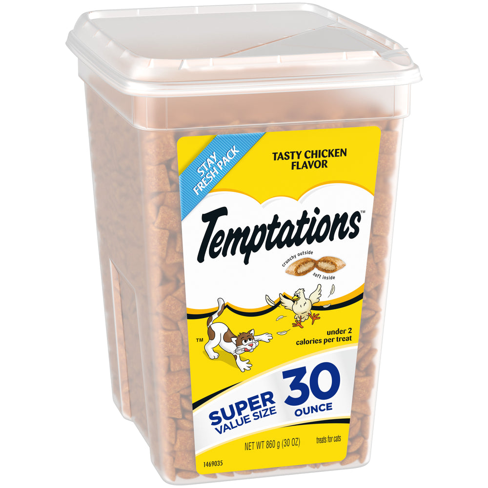 [Temptations][TEMPTATIONS Classic Cat Treats, Tasty Chicken Flavor, 30 oz. Tub][Image Center Left (3/4 Angle)]