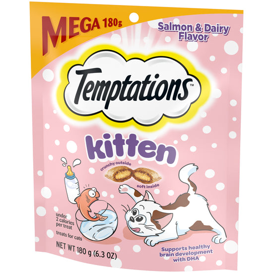 [Temptations][BUNDLE TEMPTATIONS Crunchy and Soft Kitten Treats, Salmon and Dairy Flavor, 6.3 oz. Pouch][Image Center Right (3/4 Angle)]