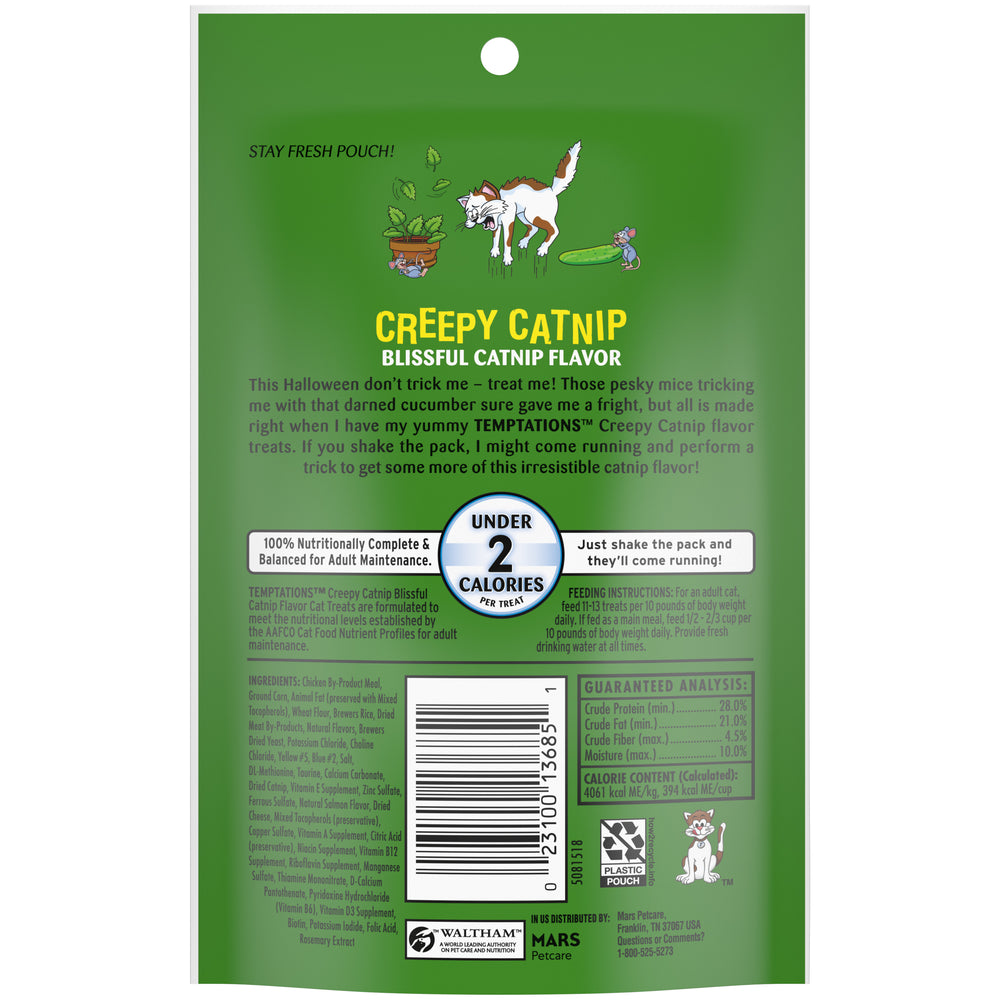 [Temptations][TEMPTATIONS Classic, Crunchy and Soft Cat Treats, Creepy Catnip Treats for Cats, Blissful Catnip Flavor, 3 oz. Pouch][Back Image]