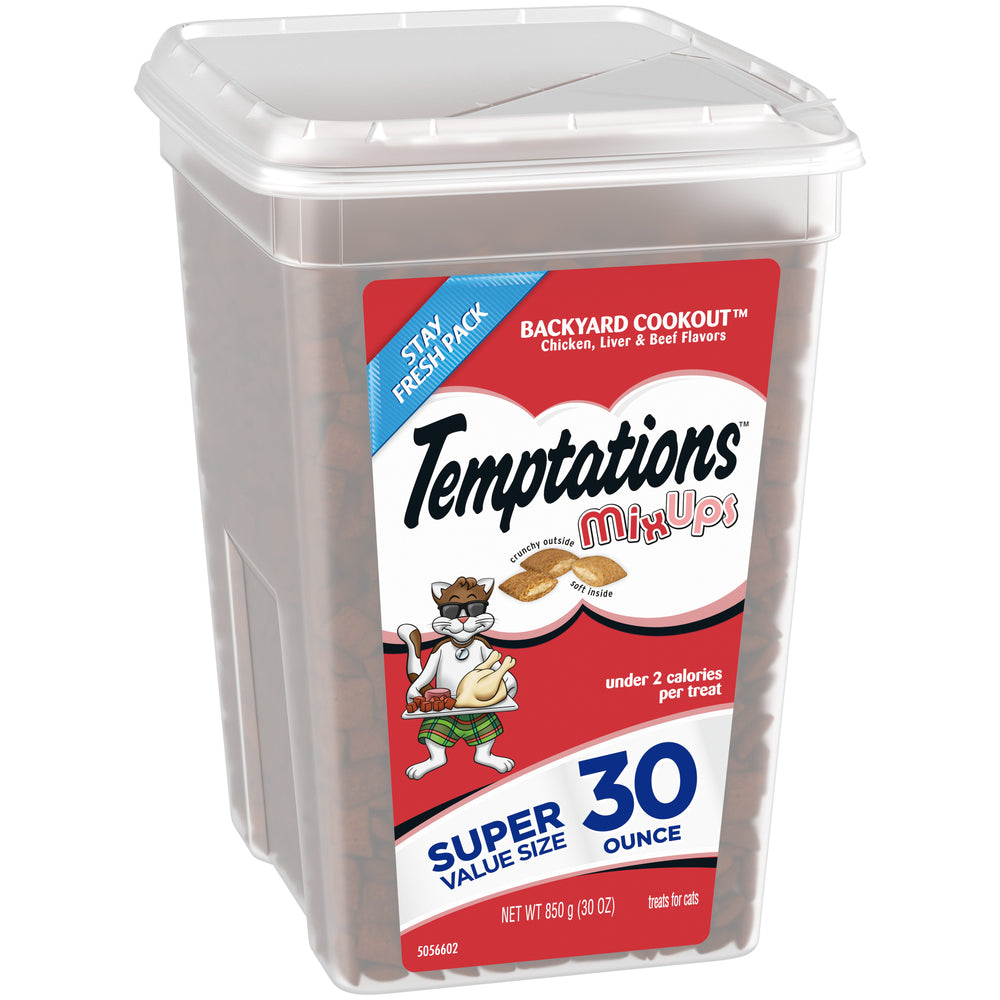 [Temptations][TEMPTATIONS MIXUPS Crunchy and Soft Cat Treats Backyard Cookout Flavor, 30 oz. Tub][Image Center Left (3/4 Angle)]