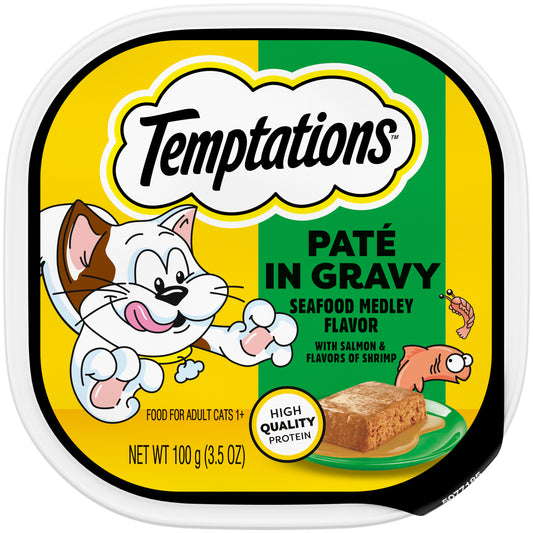 [Temptations][Temptations Wet Cat Food, Seafood Medley Flavor Paté in Gravy, 3.5 oz. Tray][Main Image (Front)]