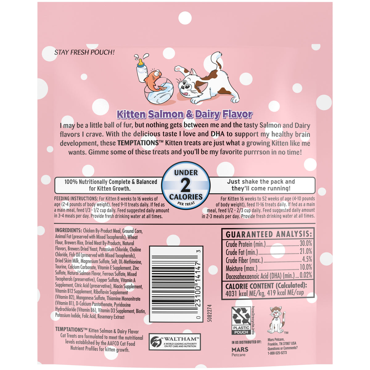 [Temptations][BUNDLE TEMPTATIONS Crunchy and Soft Kitten Treats, Salmon and Dairy Flavor, 6.3 oz. Pouch][Back Image]