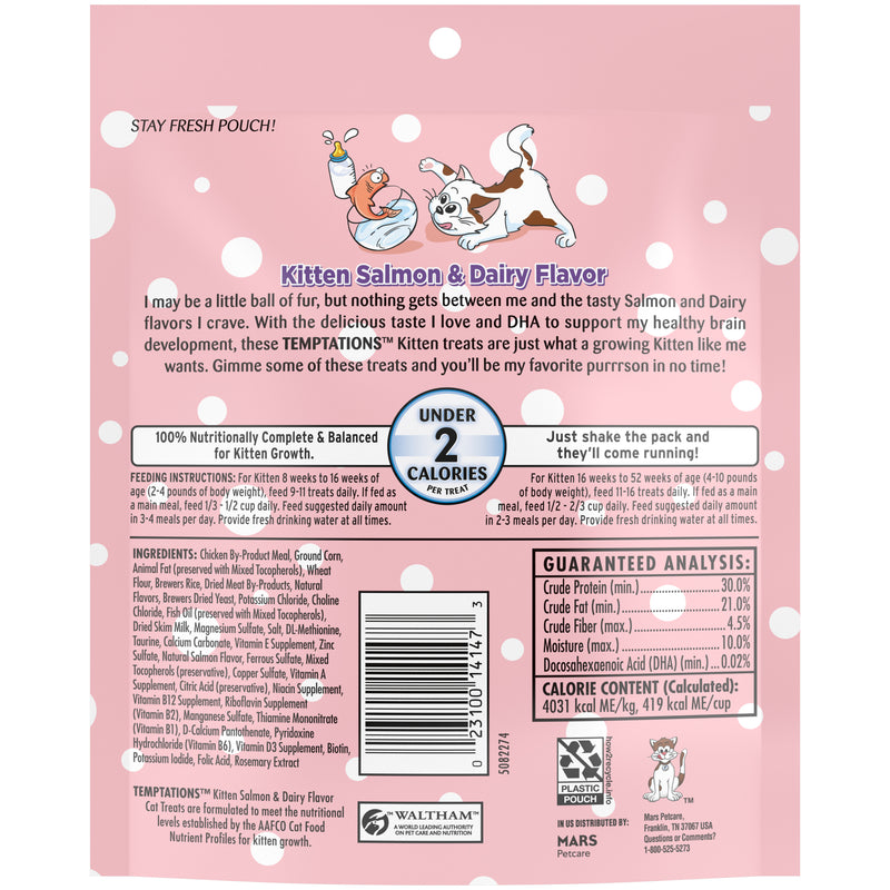 [Temptations][BUNDLE TEMPTATIONS Crunchy and Soft Kitten Treats, Salmon and Dairy Flavor, 6.3 oz. Pouch][Back Image]