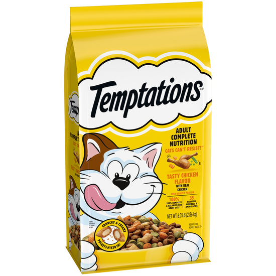 [Temptations][TEMPTATIONS Adult Dry Cat Food, Tasty Chicken Flavor, 6.3 lb. Bag][Image Center Left (3/4 Angle)]