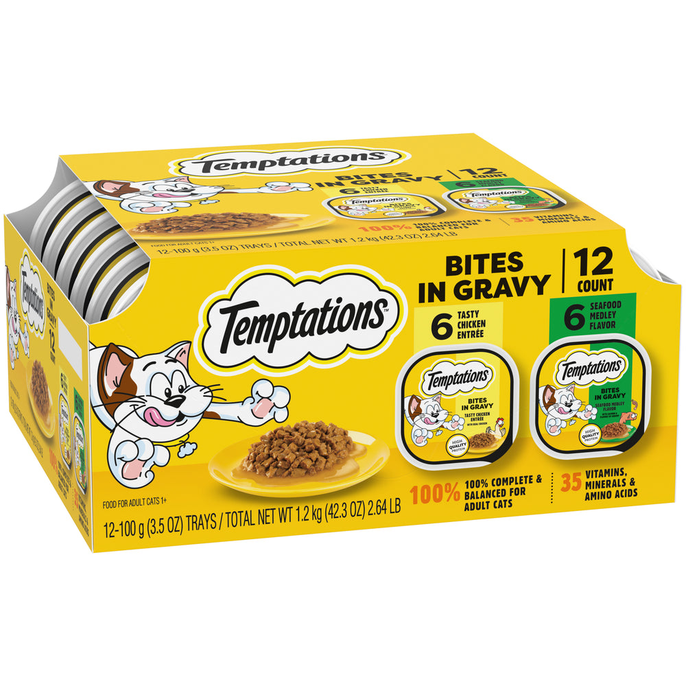 [Temptations][Temptations Wet Cat Food, Bites in Gravy Flavor Variety, 3.5 oz., Pack of 12][Image Center Left (3/4 Angle)]