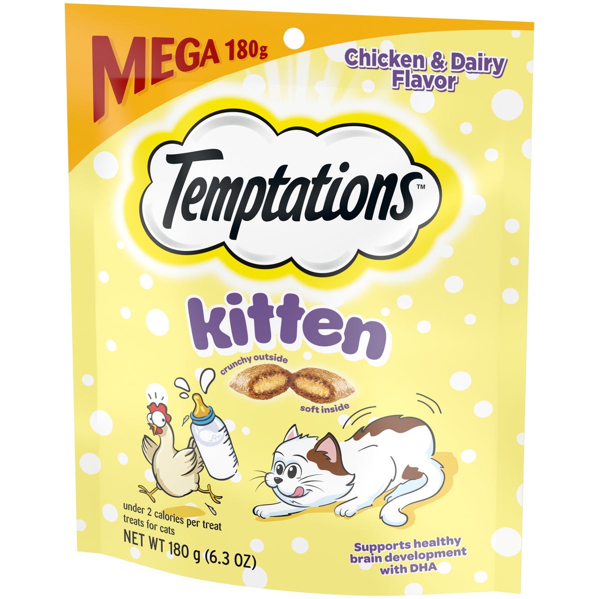 [Temptations][BUNDLE TEMPTATIONS Crunchy and Soft Kitten Treats, Chicken and Dairy Flavor, 6.3 oz. Pouch][Image Center Right (3/4 Angle)]