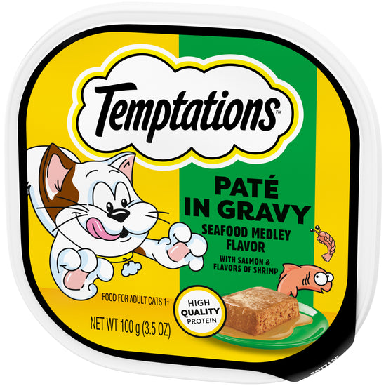 [Temptations][Temptations Wet Cat Food, Seafood Medley Flavor Paté in Gravy, 3.5 oz. Tray][Image Center Right (3/4 Angle)]