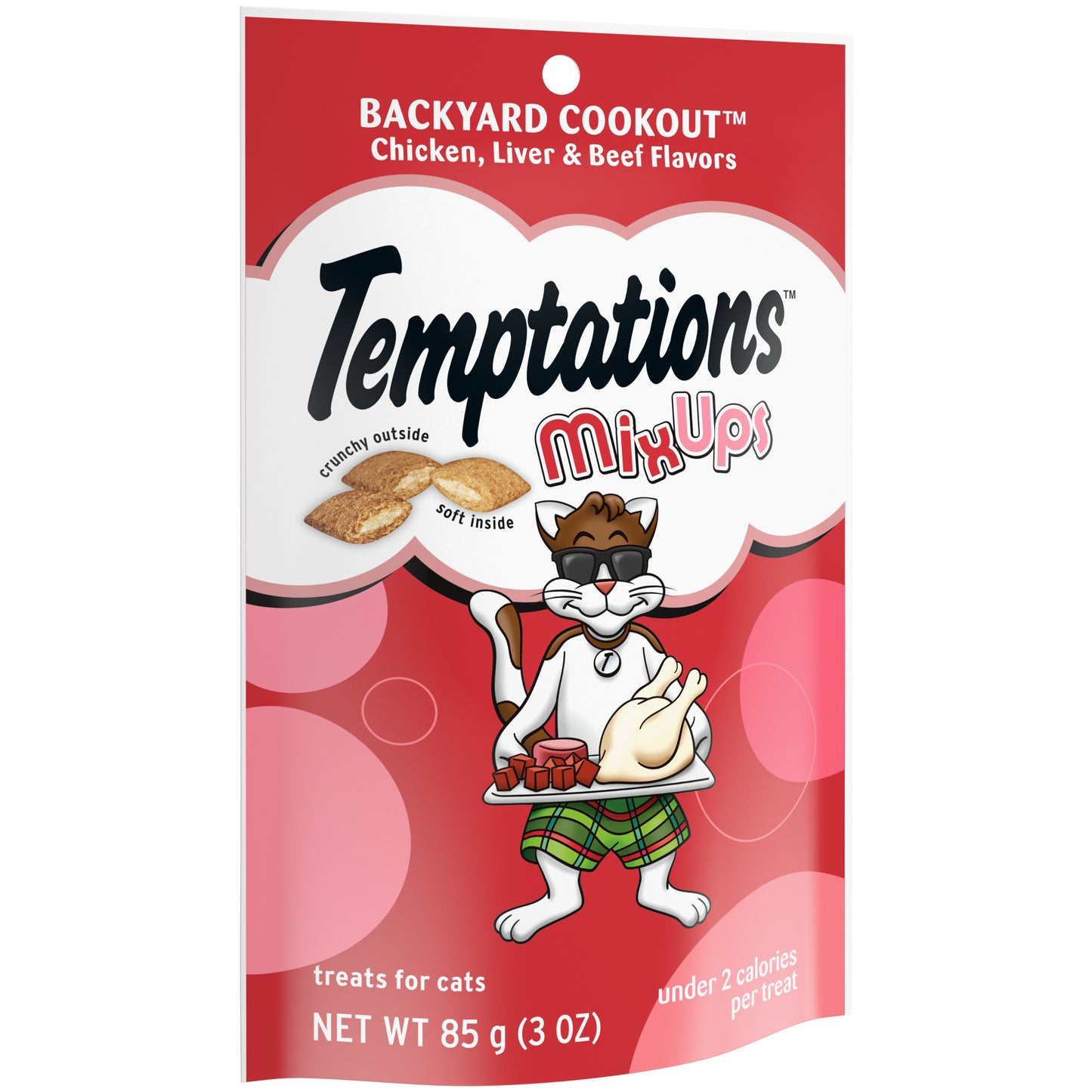 [Temptations][BUNDLE TEMPTATIONS MIXUPS Crunchy and Soft Cat Treats, Backyard Cookout Flavor, 3 oz. Pouch][Image Center Left (3/4 Angle)]