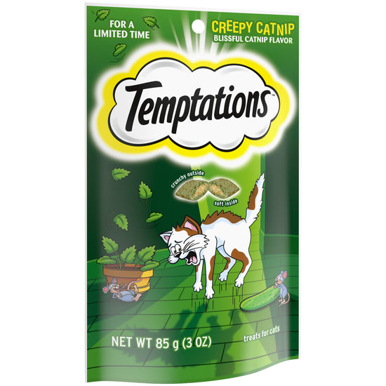 [Temptations][TEMPTATIONS Classic, Crunchy and Soft Cat Treats, Creepy Catnip Treats for Cats, Blissful Catnip Flavor, 3 oz. Pouch][Image Center Left (3/4 Angle)]