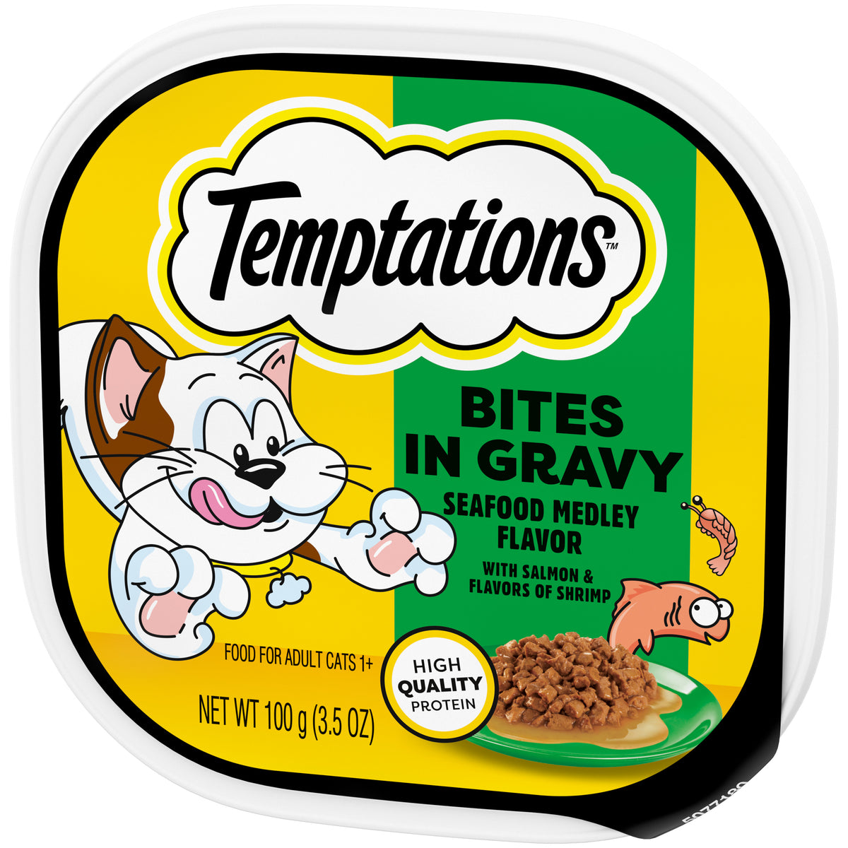 [Temptations][Temptations Wet Cat Food, Seafood Medley Flavor Bites in Gravy, 3.5 oz. Tray][Image Center Right (3/4 Angle)]