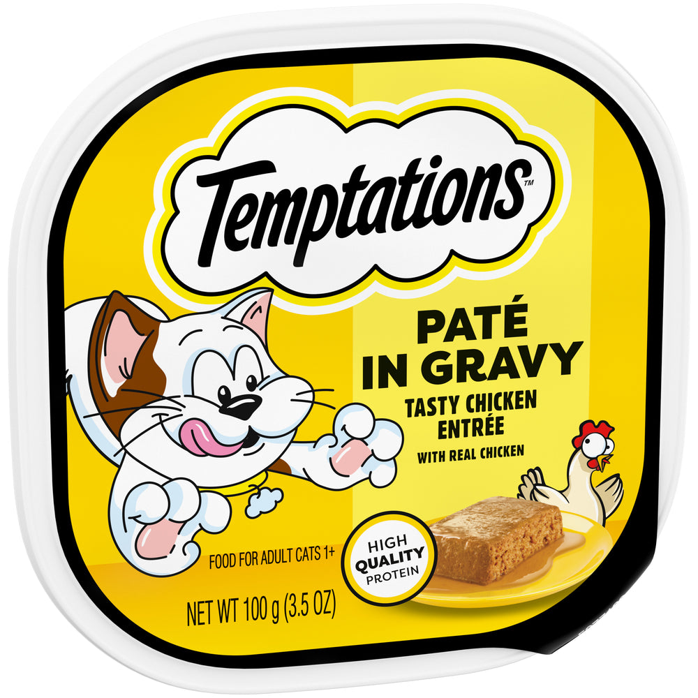 [Temptations][Temptations Wet Cat Food, Tasty Chicken Flavor Paté in Gravy, 3.5 oz. Tray][Image Center Left (3/4 Angle)]