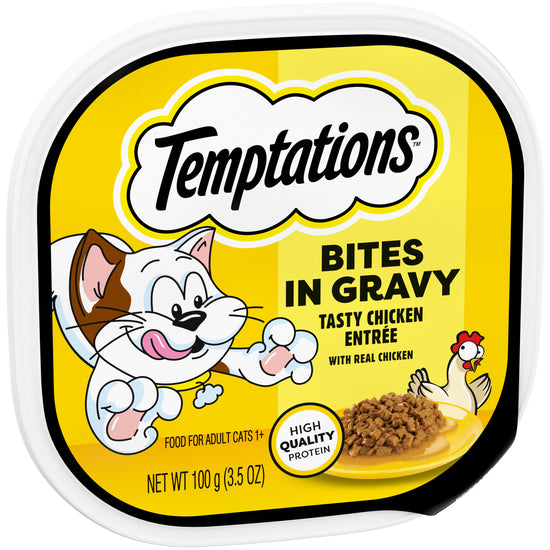 [Temptations][Temptations Wet Cat Food, Tasty Chicken Flavor Bites in Gravy, 3.5 oz. Tray][Image Center Left (3/4 Angle)]