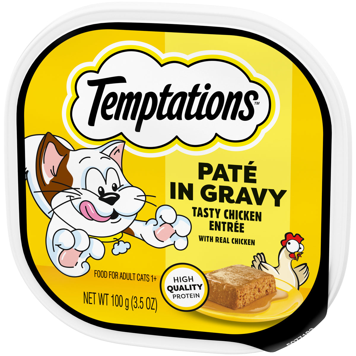 [Temptations][Temptations Wet Cat Food, Tasty Chicken Flavor Paté in Gravy, 3.5 oz. Tray][Image Center Right (3/4 Angle)]