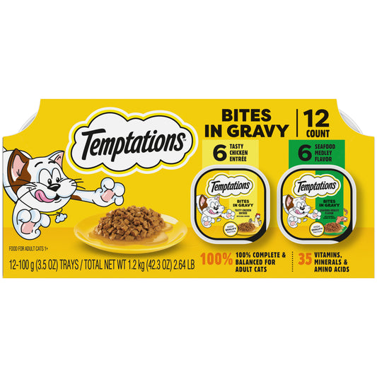 [Temptations][Temptations Wet Cat Food, Bites in Gravy Flavor Variety, 3.5 oz., Pack of 12][Main Image (Front)]