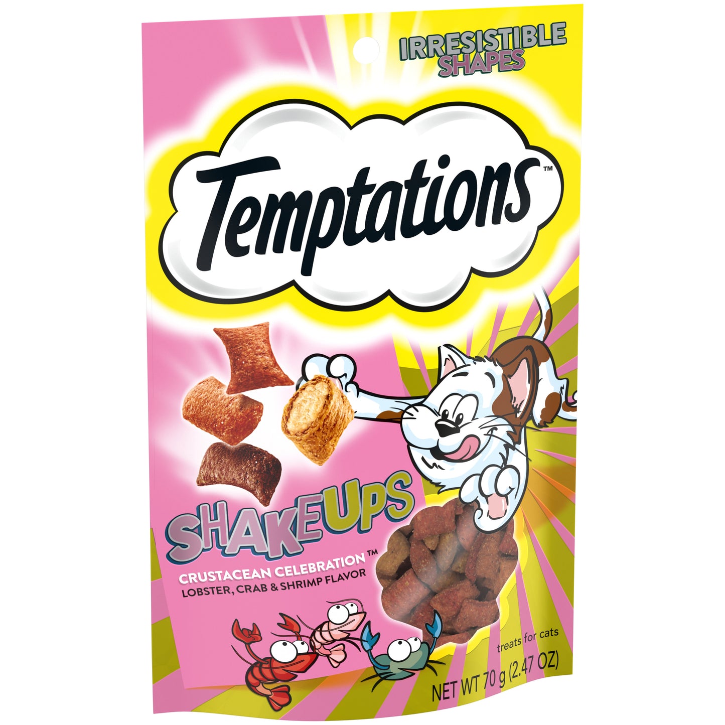 [Temptations][TEMPTATIONS ShakeUps Crunchy and Soft Cat Treats, Crustacean Celebration Flavor, 2.47 oz. Pouch][Image Center Left (3/4 Angle)]