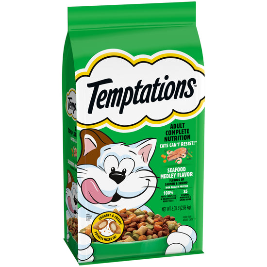 [Temptations][TEMPTATIONS Adult Dry Cat Food, Seafood Medley Flavor, 6.3 lb. Bag][Image Center Left (3/4 Angle)]