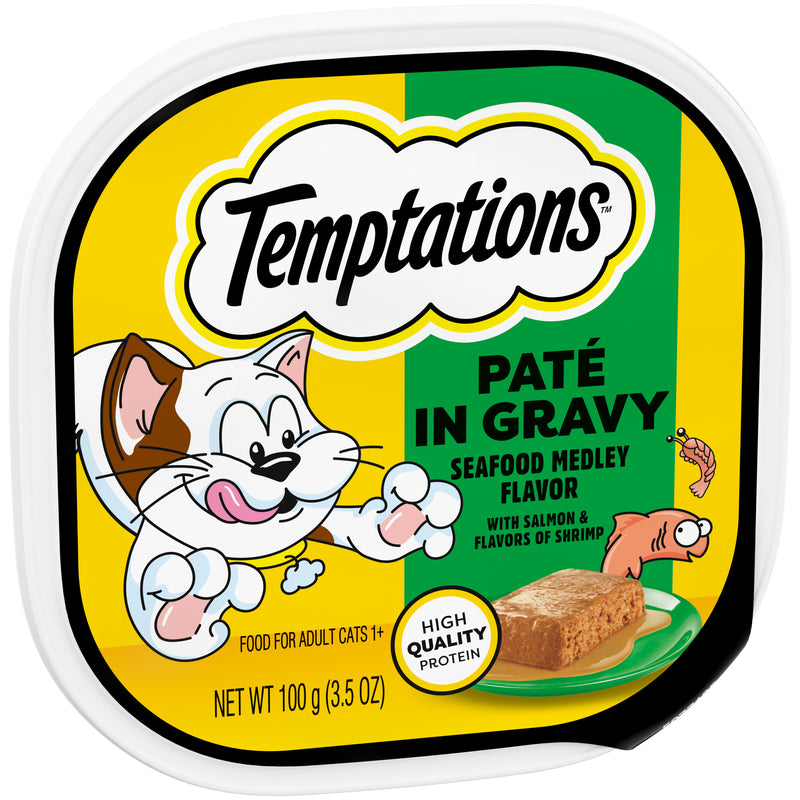 [Temptations][Temptations Wet Cat Food, Seafood Medley Flavor Paté in Gravy, 3.5 oz. Tray][Image Center Left (3/4 Angle)]