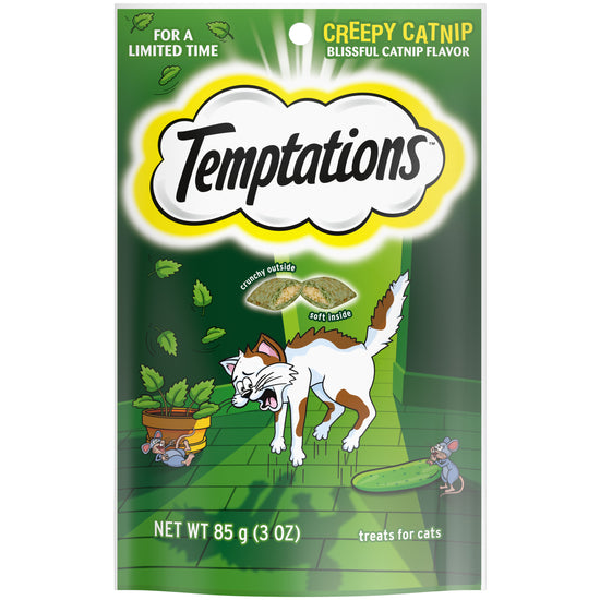 [Temptations][TEMPTATIONS Classic, Crunchy and Soft Cat Treats, Creepy Catnip Treats for Cats, Blissful Catnip Flavor, 3 oz. Pouch][Main Image (Front)]