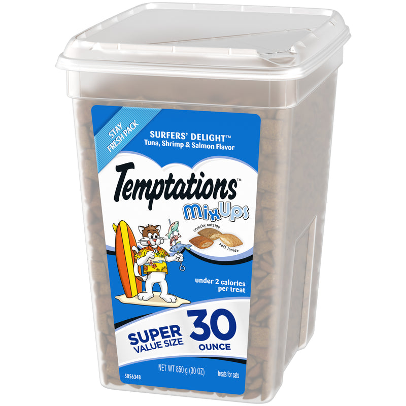 [Temptations][TEMPTATIONS MIXUPS, Crunchy and Soft Cat Treats, Surfers’ Delight Flavor, 30 oz. Tub][Image Center Right (3/4 Angle)]
