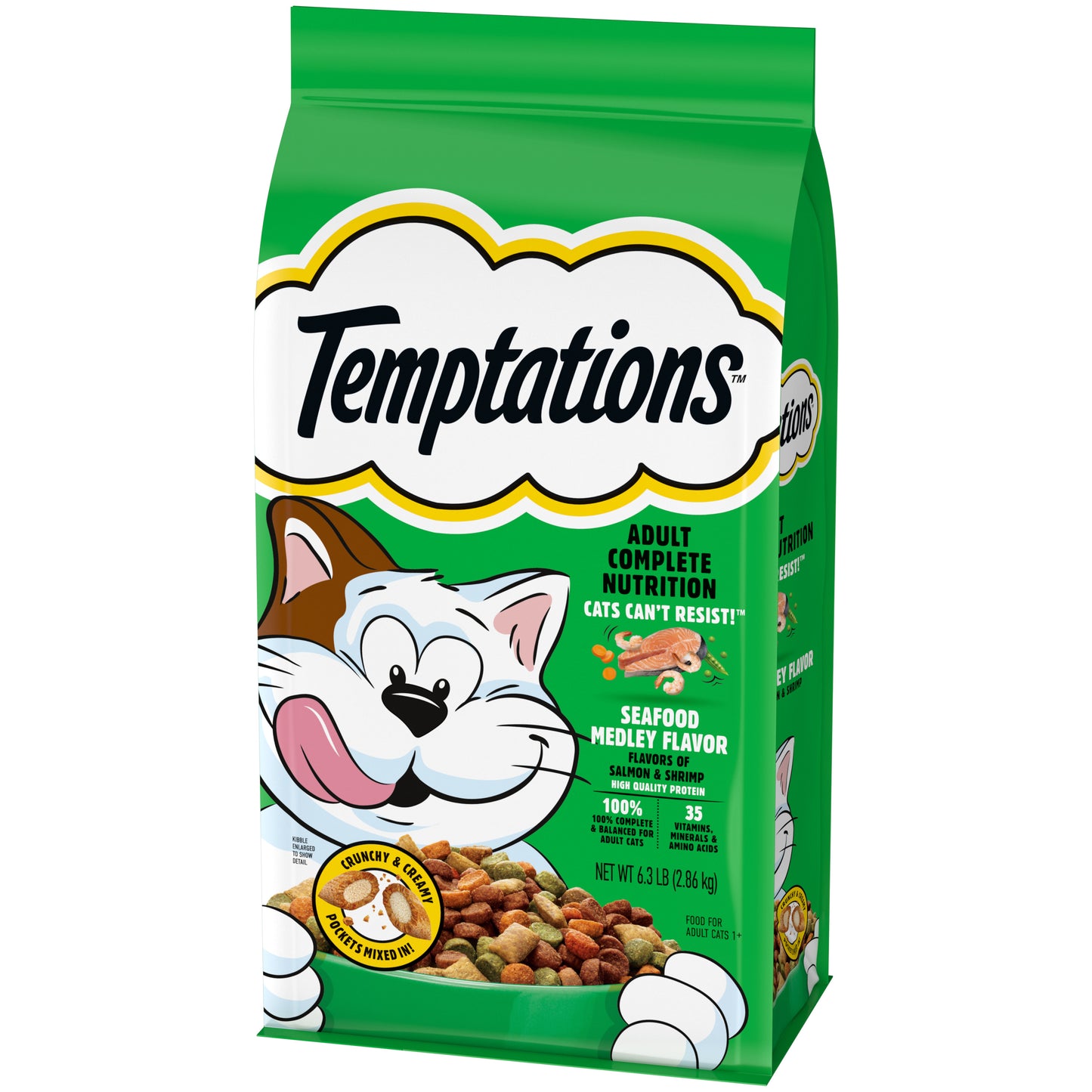 [Temptations][TEMPTATIONS Adult Dry Cat Food, Seafood Medley Flavor, 6.3 lb. Bag][Image Center Right (3/4 Angle)]