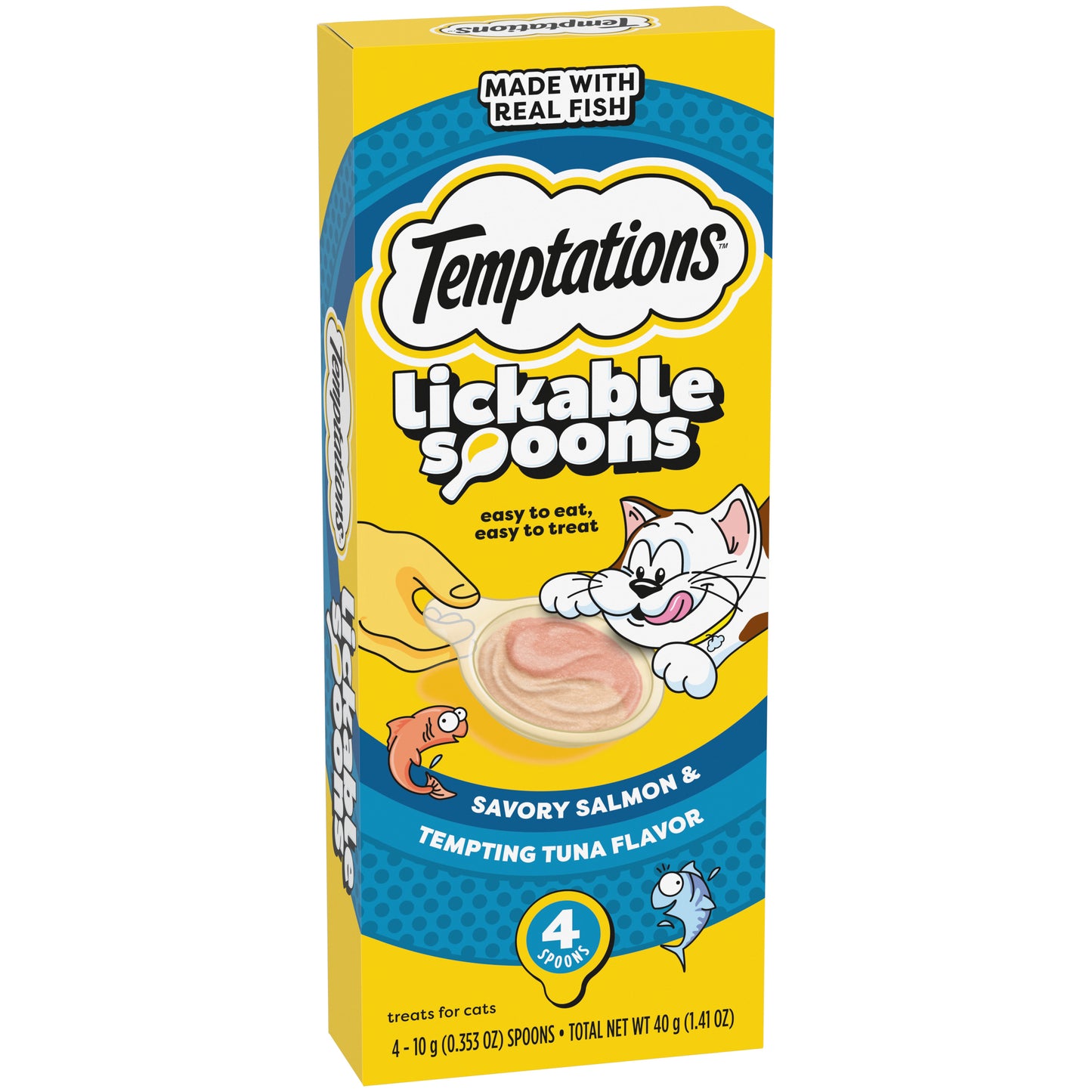 [Temptations][Temptations Lickable Spoons, Savory Salmon and Tempting Tuna Flavor, Pack of 4][Image Center Left (3/4 Angle)]