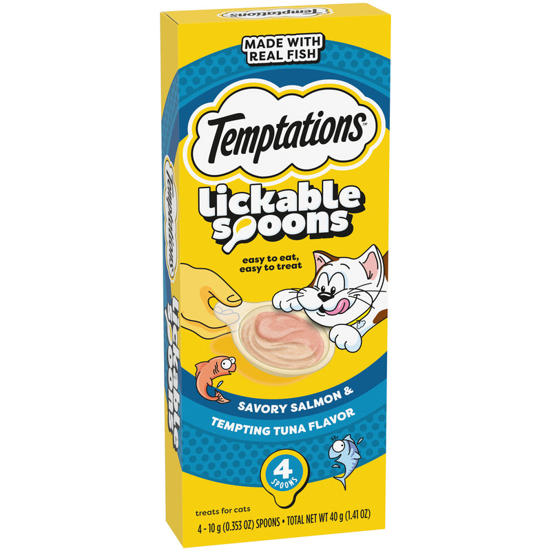 [Temptations][Temptations Lickable Spoons, Savory Salmon and Tempting Tuna Flavor, Pack of 4][Image Center Left (3/4 Angle)]