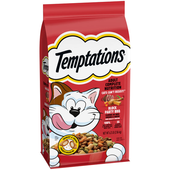 [Temptations][TEMPTATIONS Adult Dry Cat Food, Block Party BBQ Flavor, 6.3 lb. Bag][Image Center Left (3/4 Angle)]