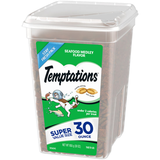 [Temptations][TEMPTATIONS Classic Cat Treats, Seafood Medley Flavor, 30 oz. Tub][Image Center Right (3/4 Angle)]