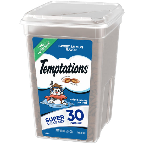 [Temptations][TEMPTATIONS Classic Cat Treats, Savory Salmon Flavor, 30 oz. Tub][Image Center Right (3/4 Angle)]