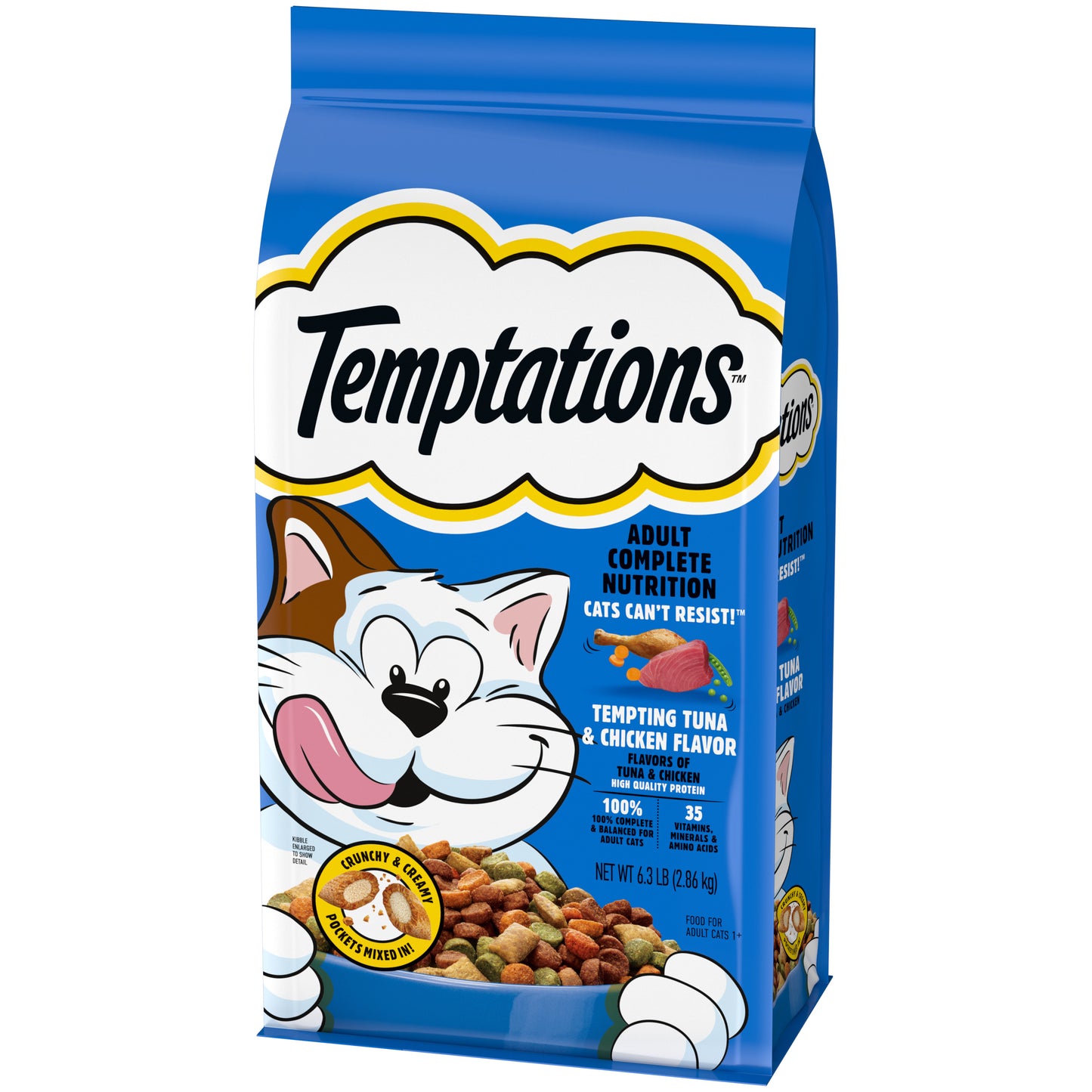 [Temptations][TEMPTATIONS Adult Dry Cat Food, Tempting Tuna Flavor, 6.3 lb. Bag][Image Center Right (3/4 Angle)]