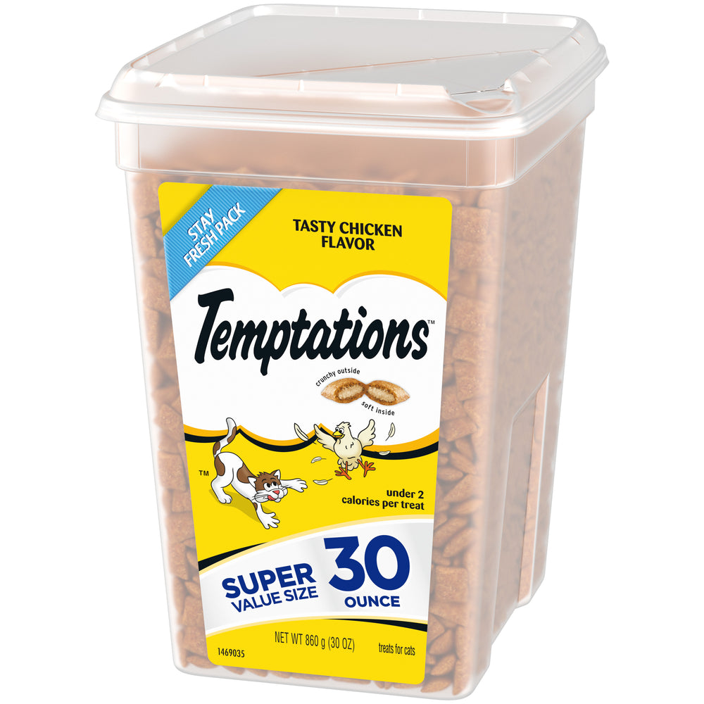 [Temptations][TEMPTATIONS Classic Cat Treats, Tasty Chicken Flavor, 30 oz. Tub][Image Center Right (3/4 Angle)]