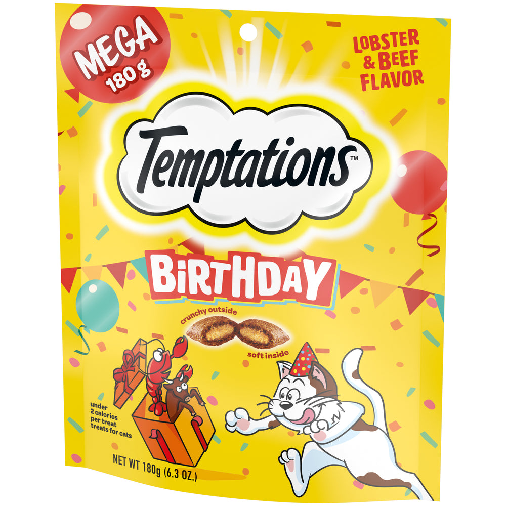 [Temptations][BUNDLE TEMPTATIONS Birthday Cat Treats, Lobster and Beef Flavor, 6.3 oz. Pouch][Image Center Right (3/4 Angle)]