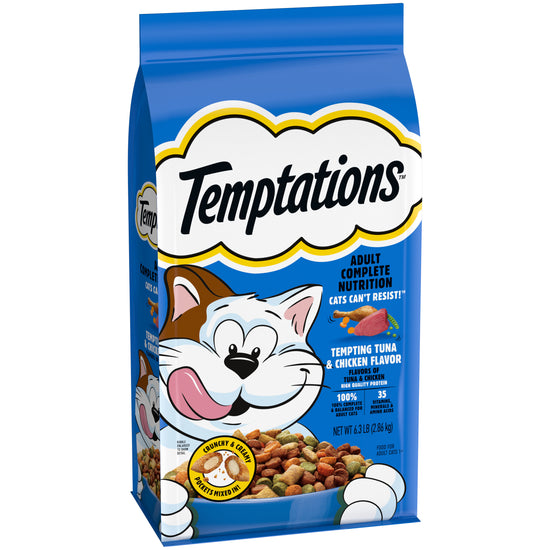 [Temptations][TEMPTATIONS Adult Dry Cat Food, Tempting Tuna Flavor, 6.3 lb. Bag][Image Center Left (3/4 Angle)]