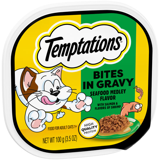 [Temptations][Temptations Wet Cat Food, Seafood Medley Flavor Bites in Gravy, 3.5 oz. Tray][Image Center Left (3/4 Angle)]