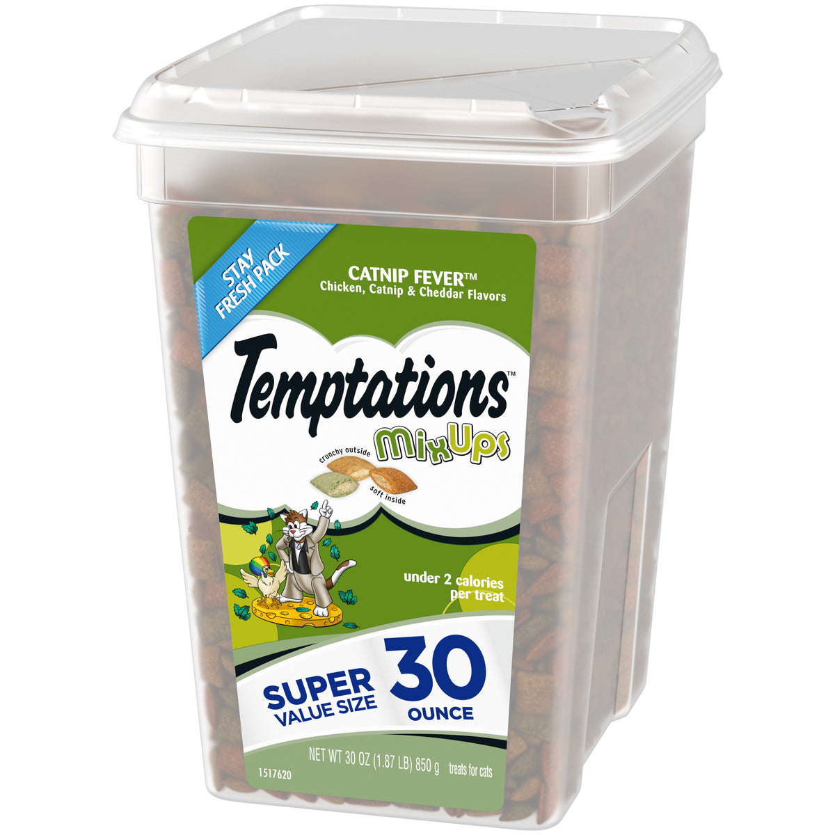 [Temptations][TEMPTATIONS MIXUPS Crunchy and Soft Cat Treats Catnip Fever Flavor, 30 oz. Tub][Image Center Right (3/4 Angle)]