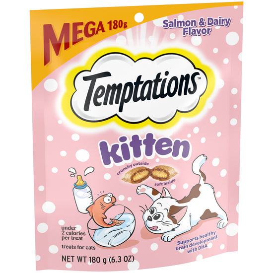 [Temptations][BUNDLE TEMPTATIONS Crunchy and Soft Kitten Treats, Salmon and Dairy Flavor, 6.3 oz. Pouch][Image Center Left (3/4 Angle)]