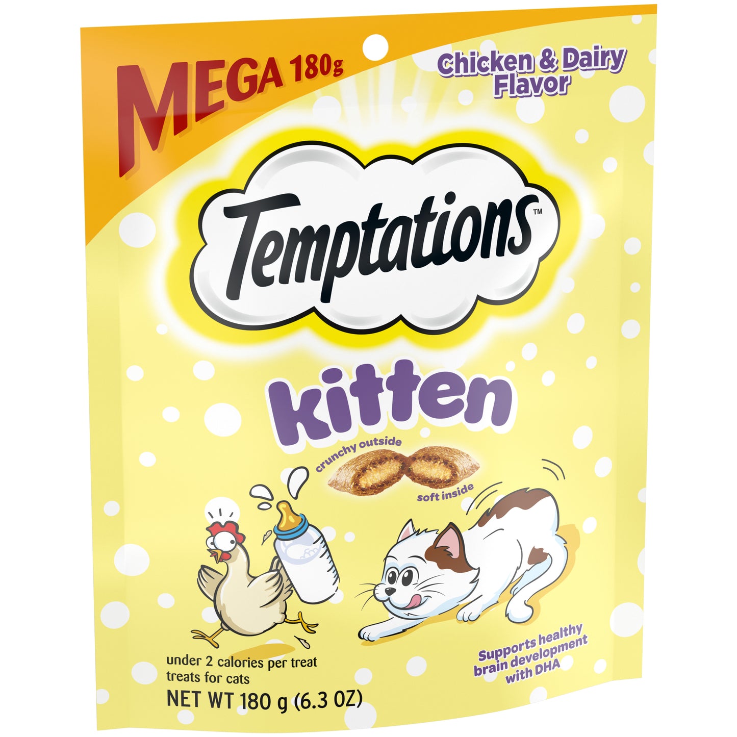 [Temptations][BUNDLE TEMPTATIONS Crunchy and Soft Kitten Treats, Chicken and Dairy Flavor, 6.3 oz. Pouch][Image Center Left (3/4 Angle)]